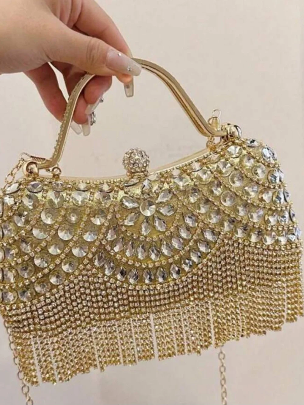 Gold Crystal Fringe Evening Clutch Handbag